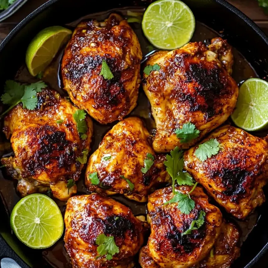 A skillet filled with lime-glazed chicken thighs.
