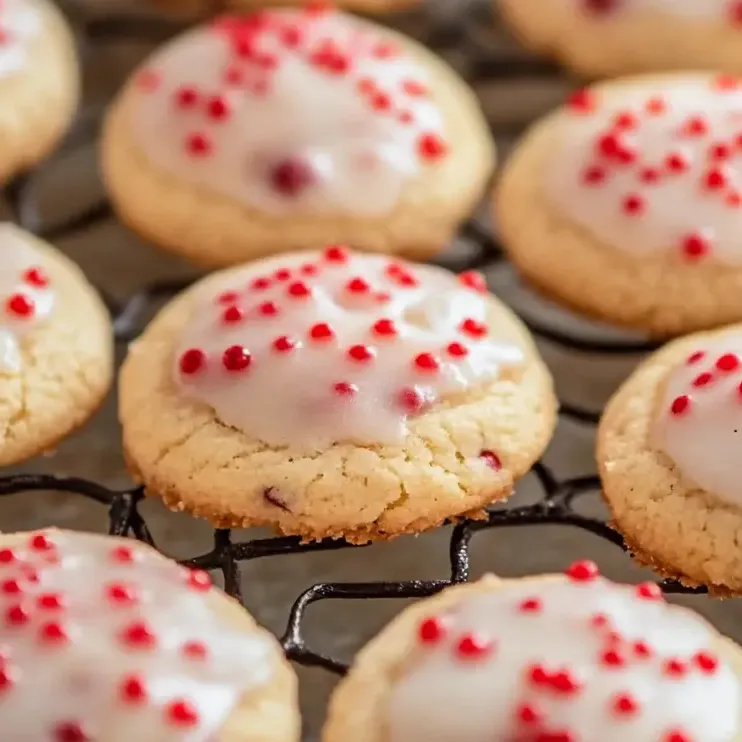 Freshly baked almond cherry cookies on a tray.