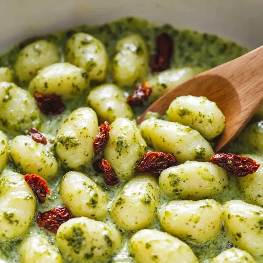 A bowl of pesto gnocchi with cream sauce.