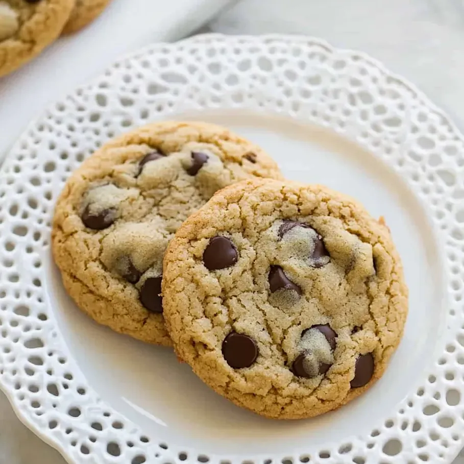A close-up of two chocolate chip cookies made with almond flour on a plate.