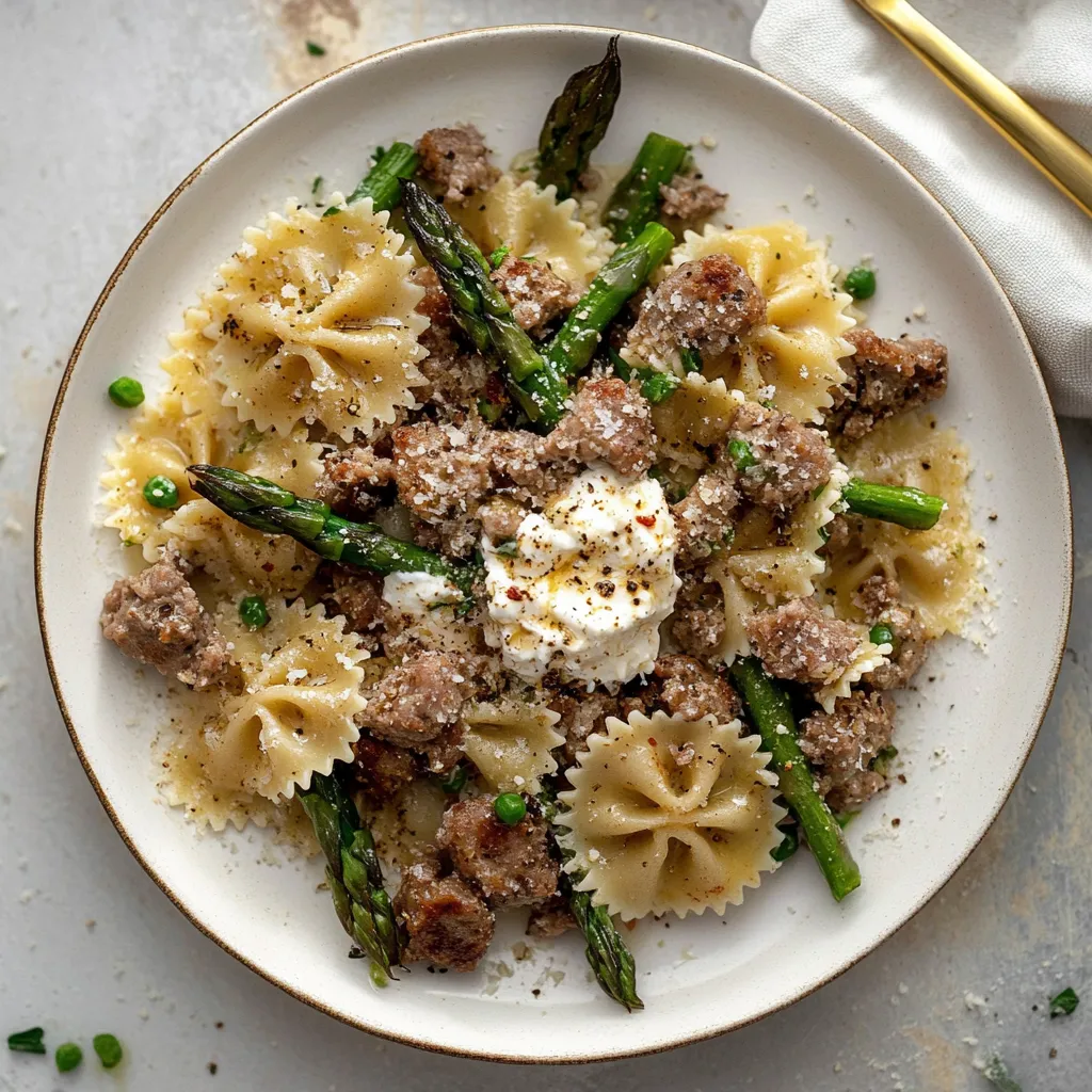 A delicious plate of pasta with crispy sausage and asparagus.