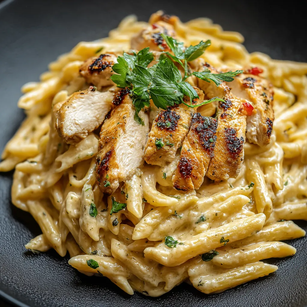 A bowl of pasta with chicken and fresh green herbs.
