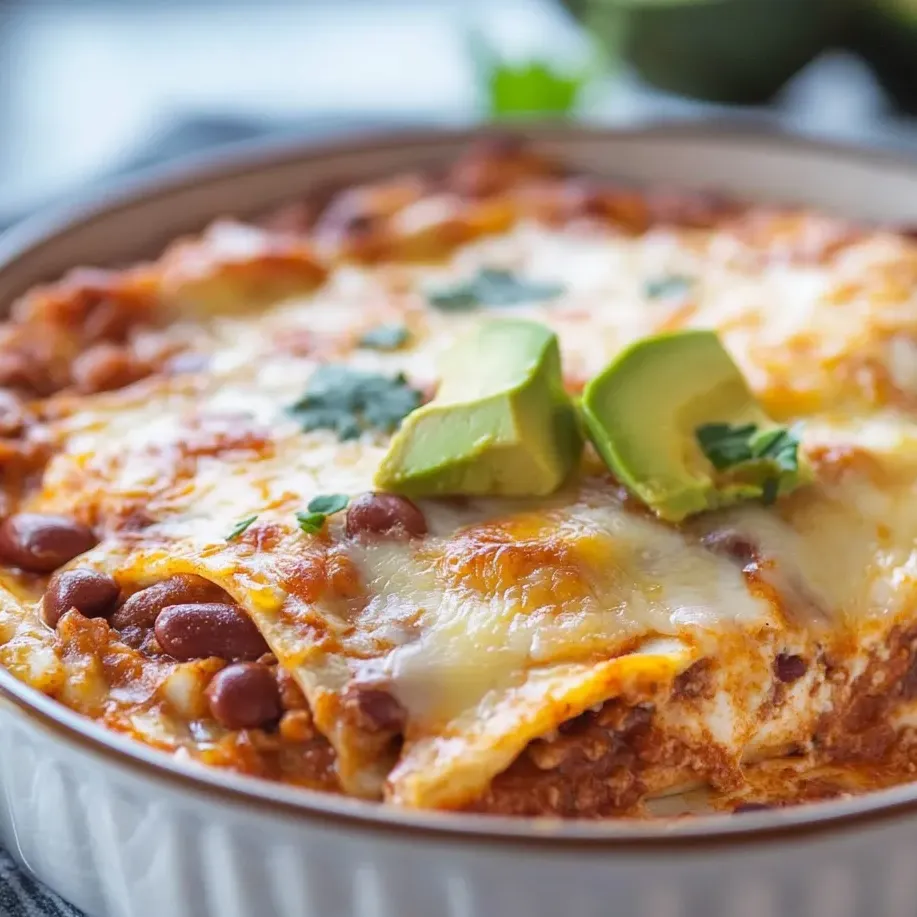 A plate of cheesy bean bake with sauce.