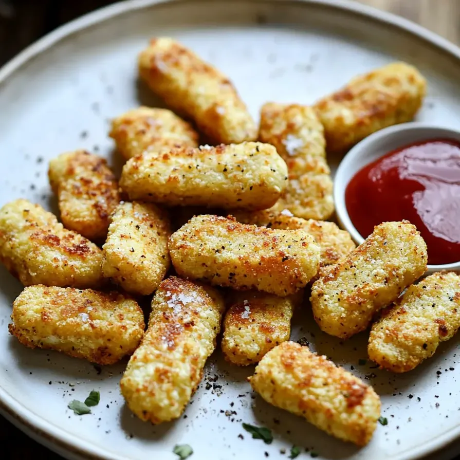 Golden cauliflower tots served on a plate.