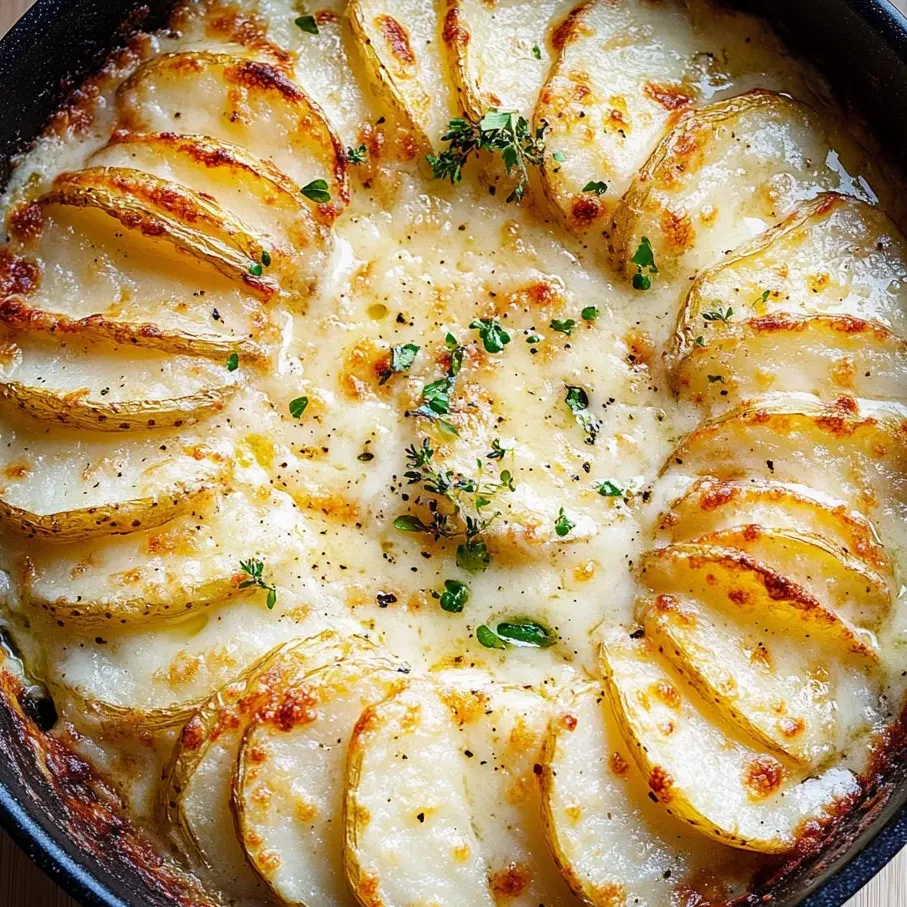 Close view of bubbling potato gratin.