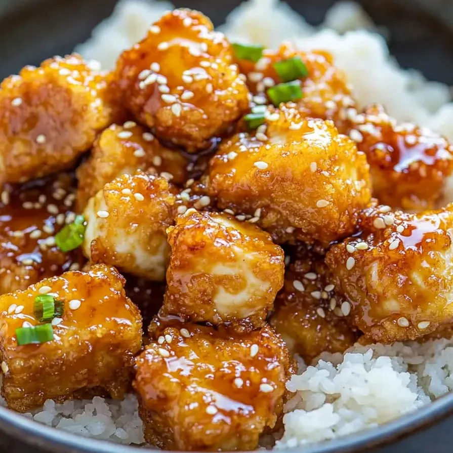 A bowl full of golden honey garlic tofu pieces.