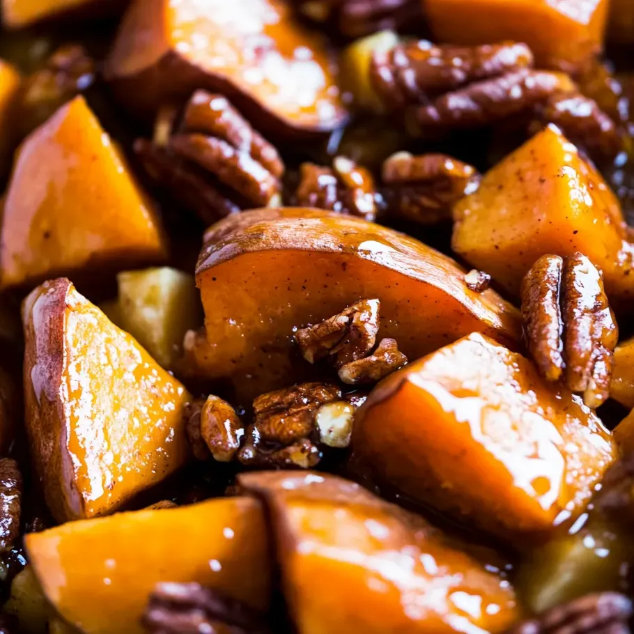 Close-up of tender whiskey-glazed potatoes.