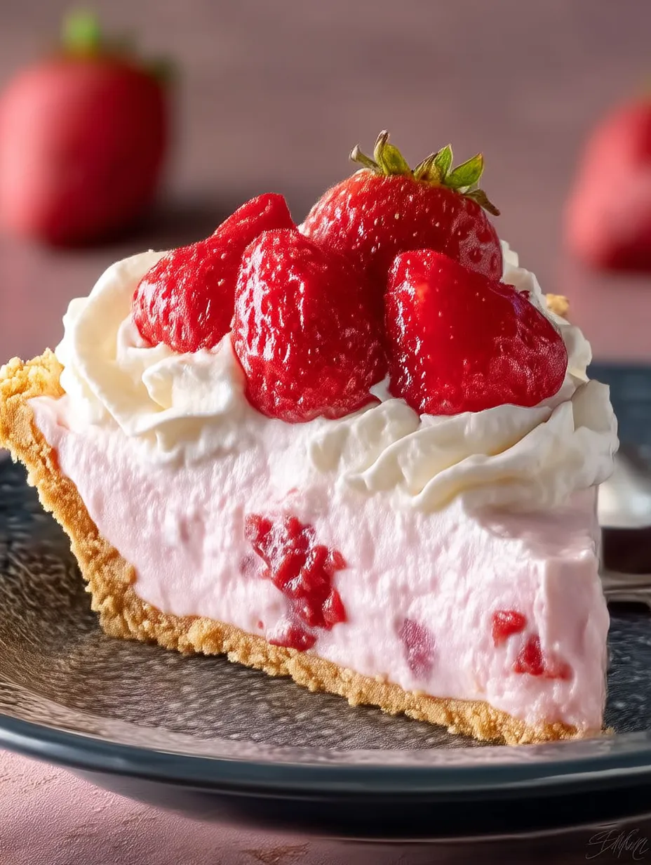 A slice of strawberry cream dessert with whipped topping.