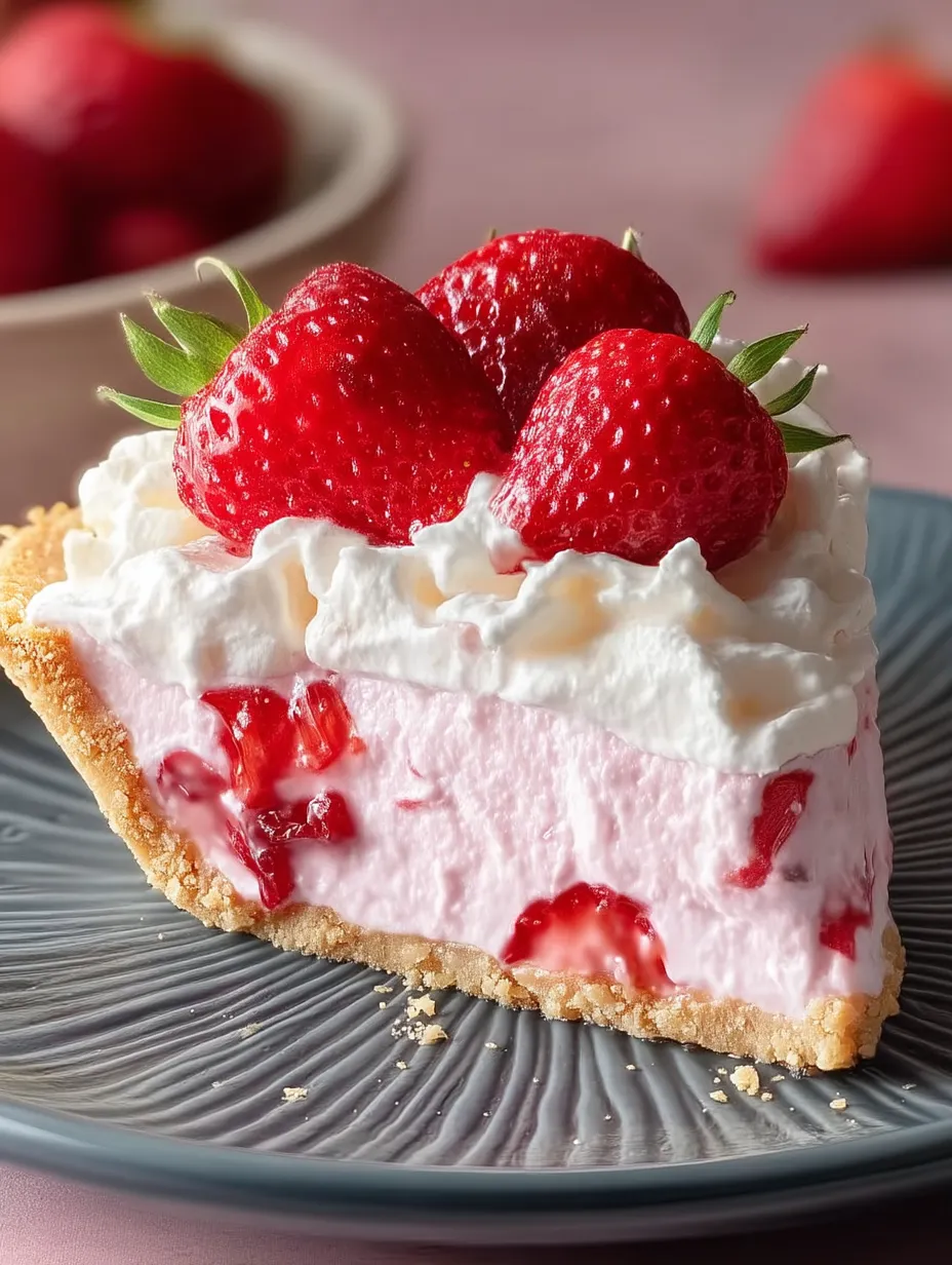 A slice of strawberry whipped cream dessert on a plate.