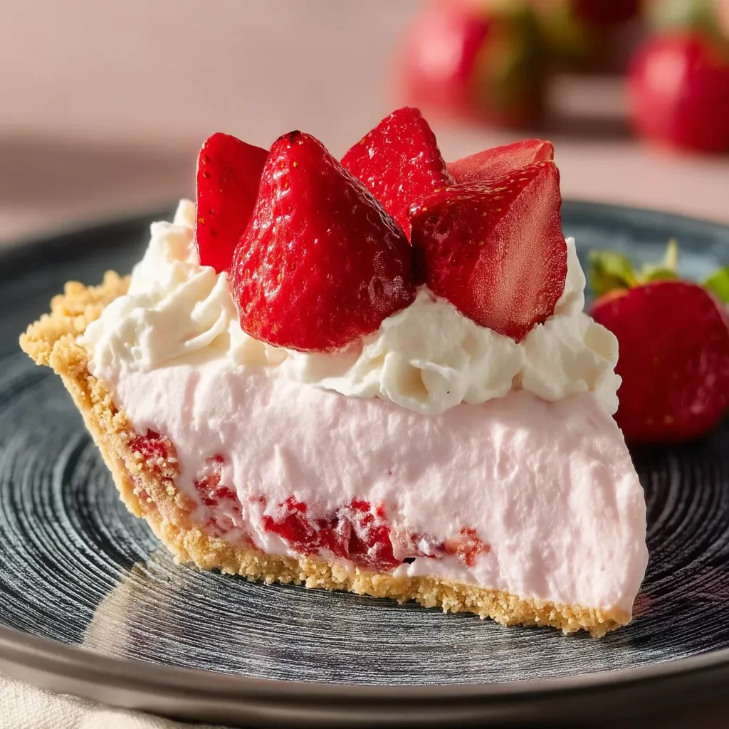Slice of dessert with strawberries and whipped topping.