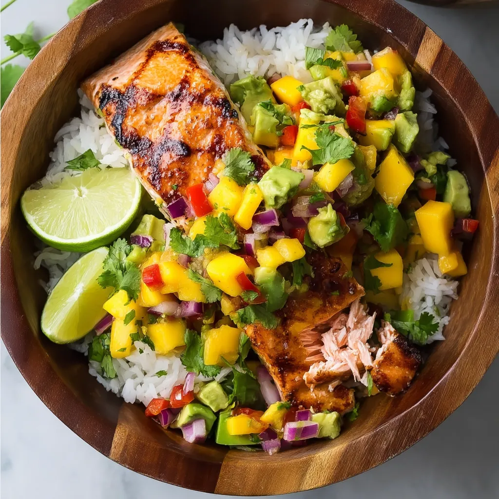 A vibrant plate featuring salmon with mango salsa.