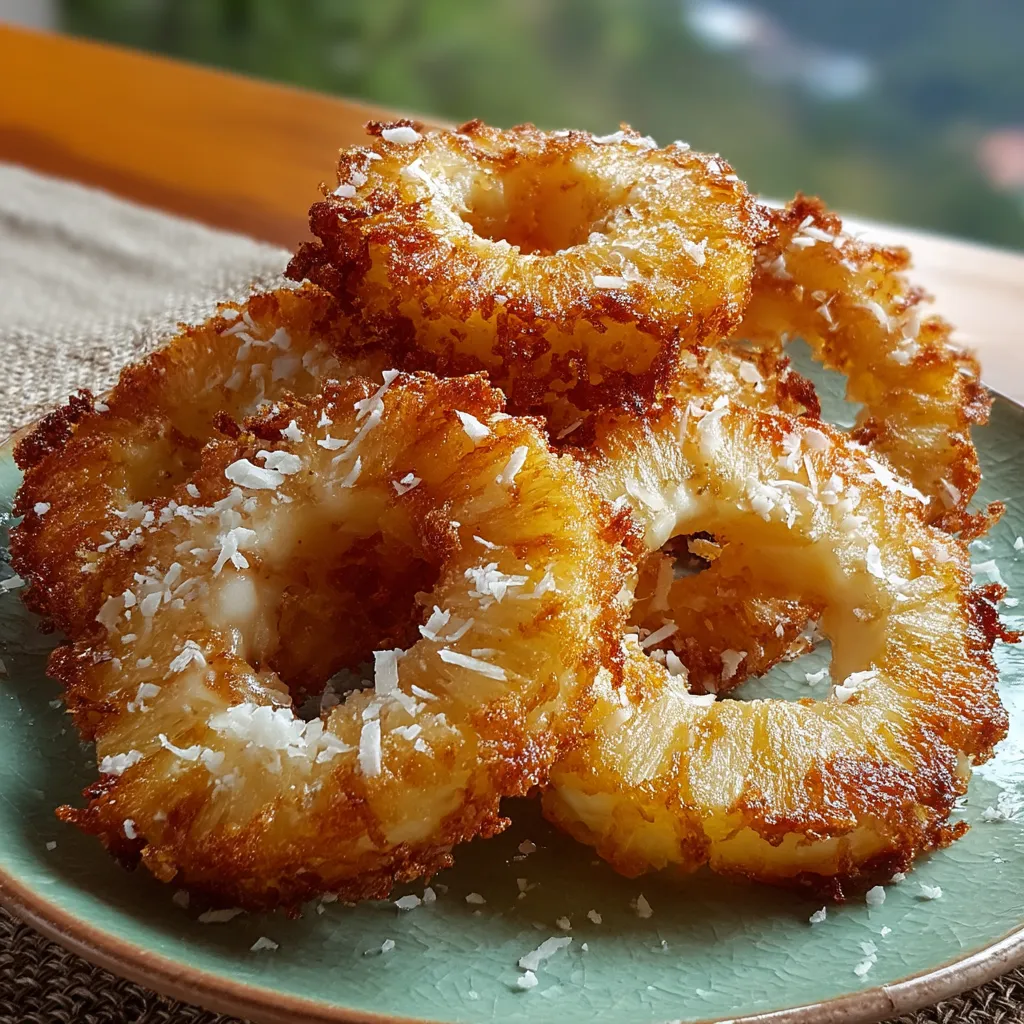 Crispy pineapple rings with coconut coating on a plate.