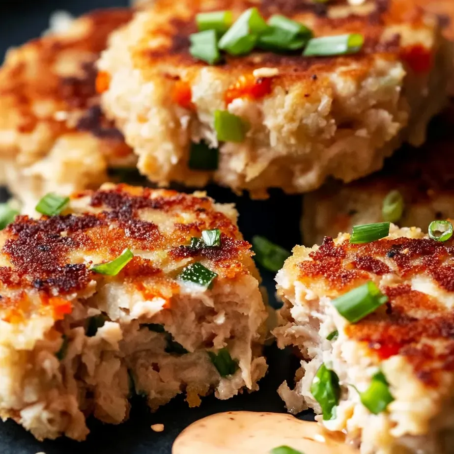 Golden tuna patties with dipping mayo on a plate.