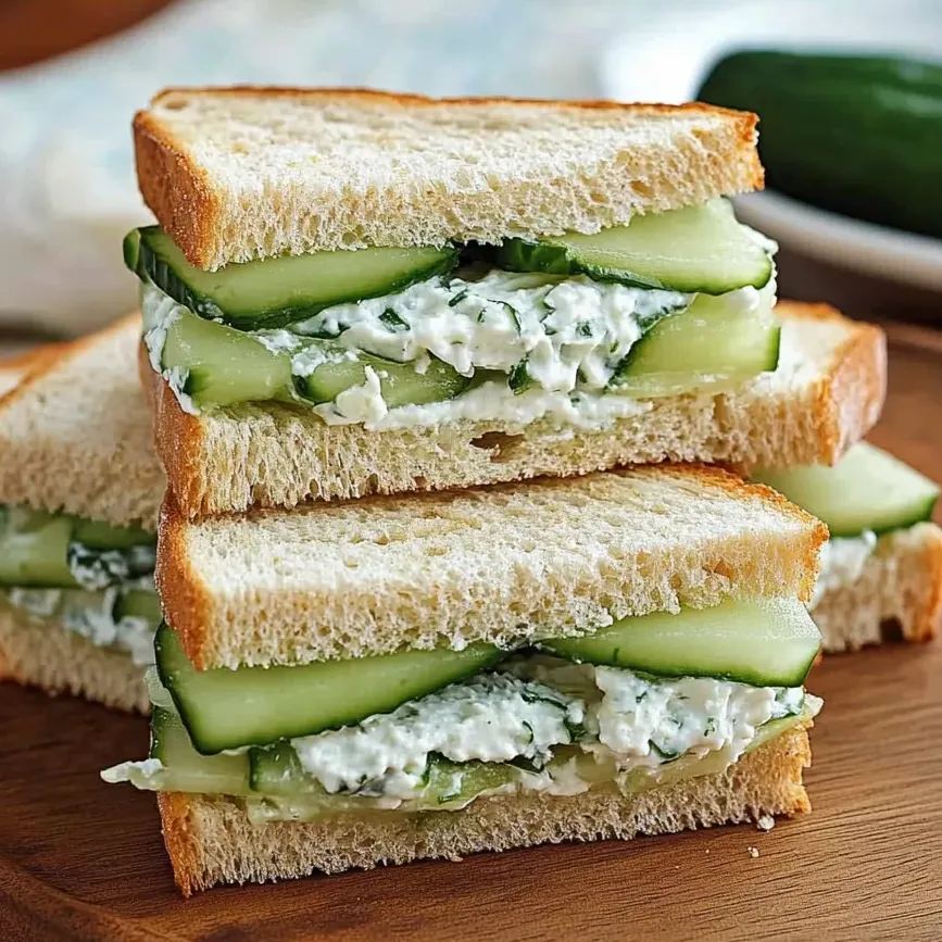 Stacked mini cucumber sandwiches.