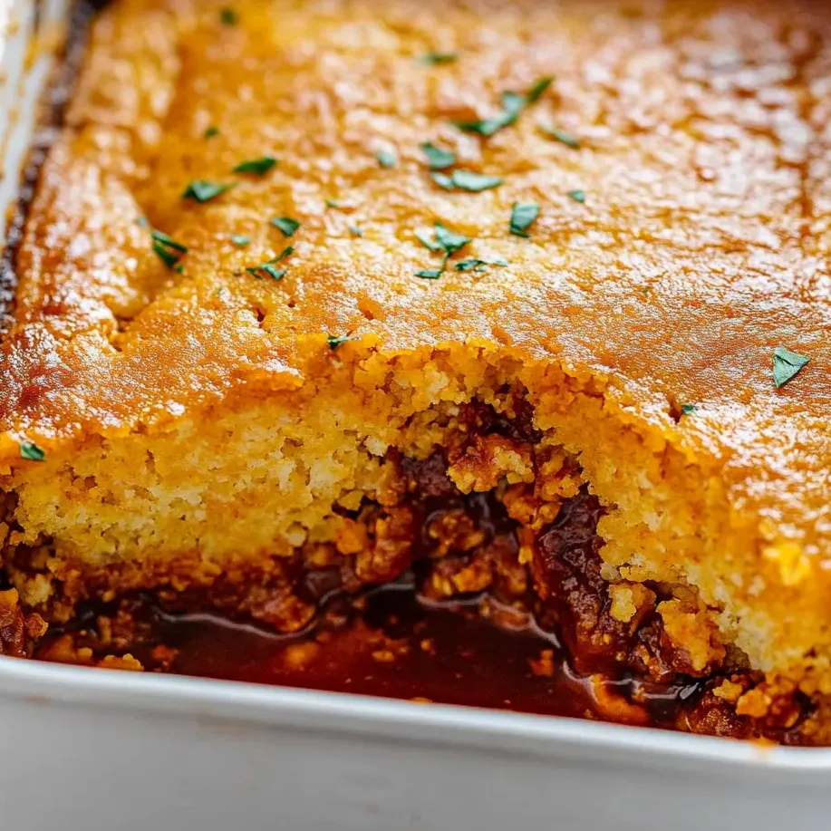 A cheesy cornbread-topped casserole filled with BBQ chicken.