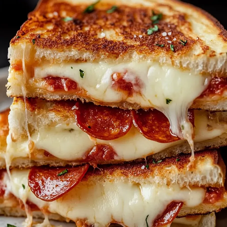 Three slices of cheesy pepperoni sandwich.