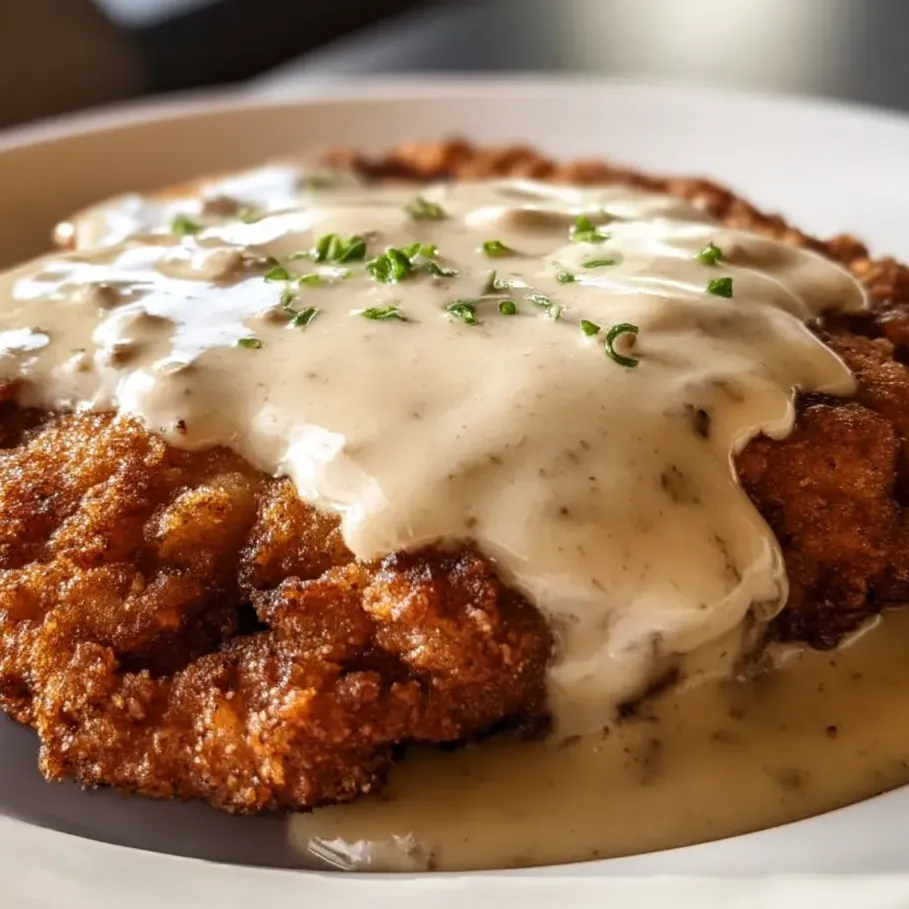 A plate of breaded steak covered with creamy gravy.