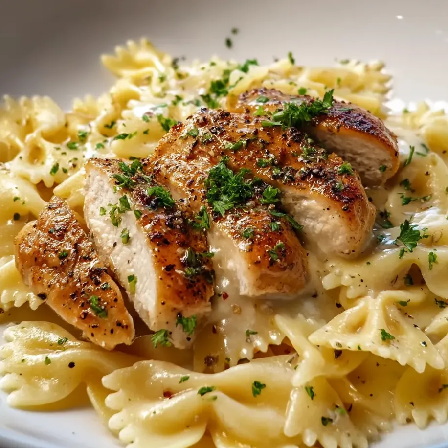 A bowl of chicken pasta with fresh herbs.