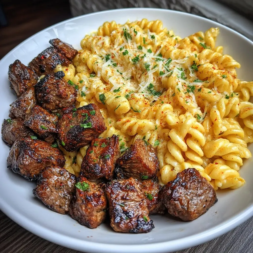A hearty plate loaded with steak bites and pasta in a creamy Cajun Alfredo sauce.
