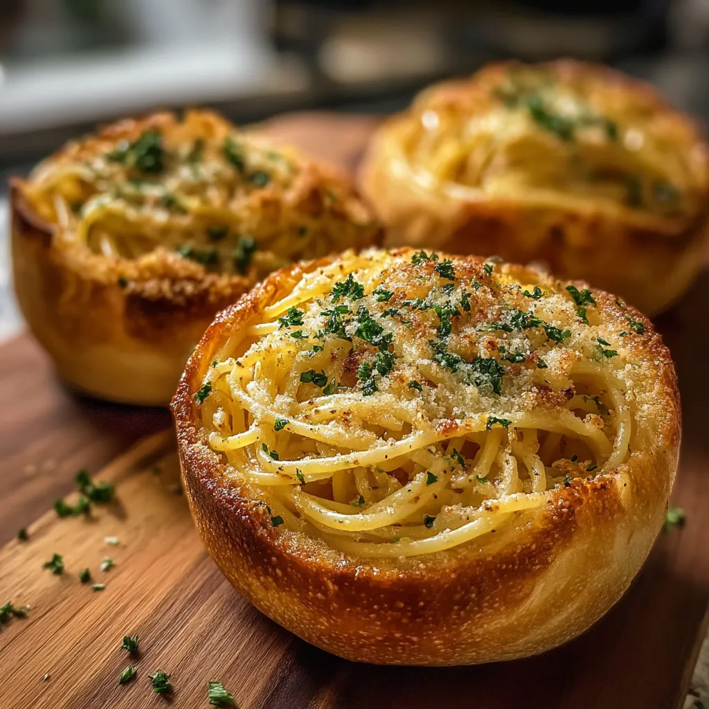 Crispy garlic bread filled with spaghetti and marinara.