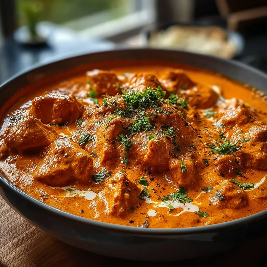 A bowl of creamy chicken masala on a table.