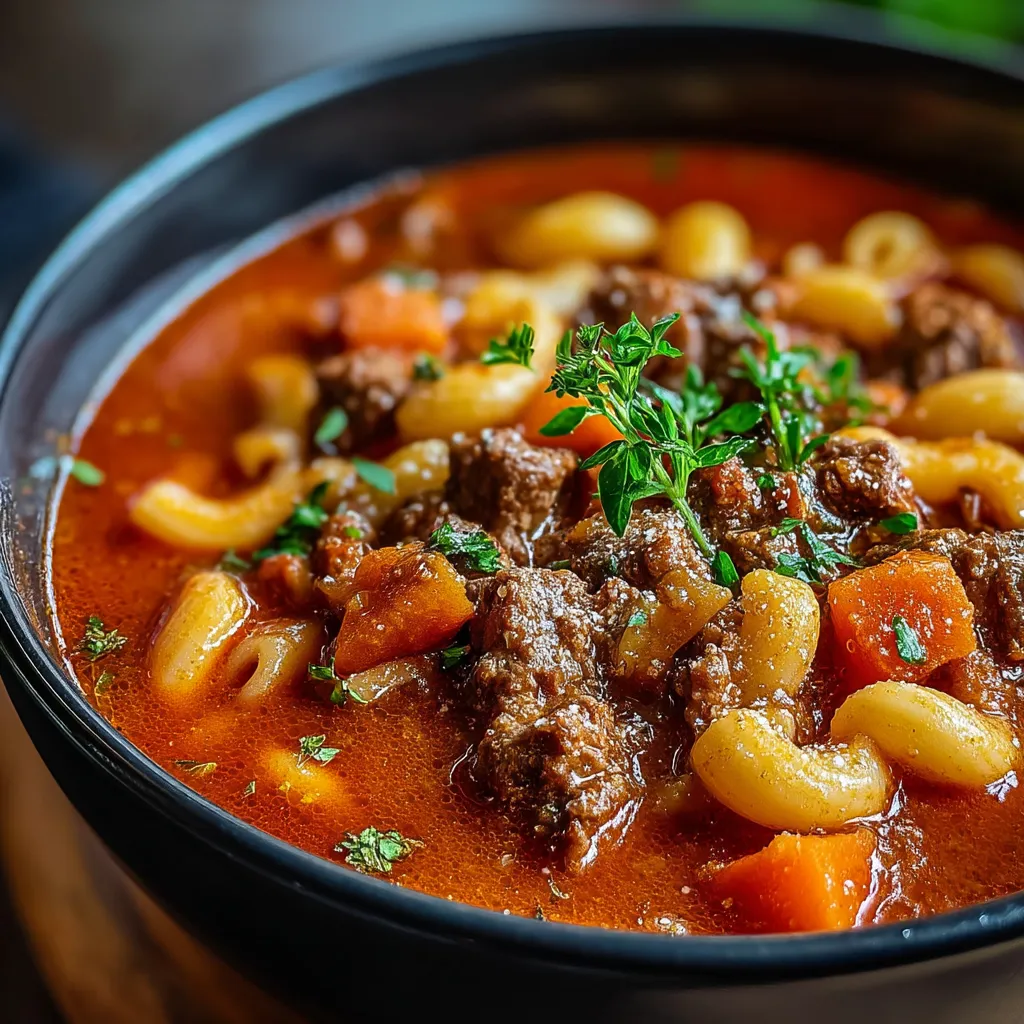 Bowl of hearty goulash with beef and pasta.