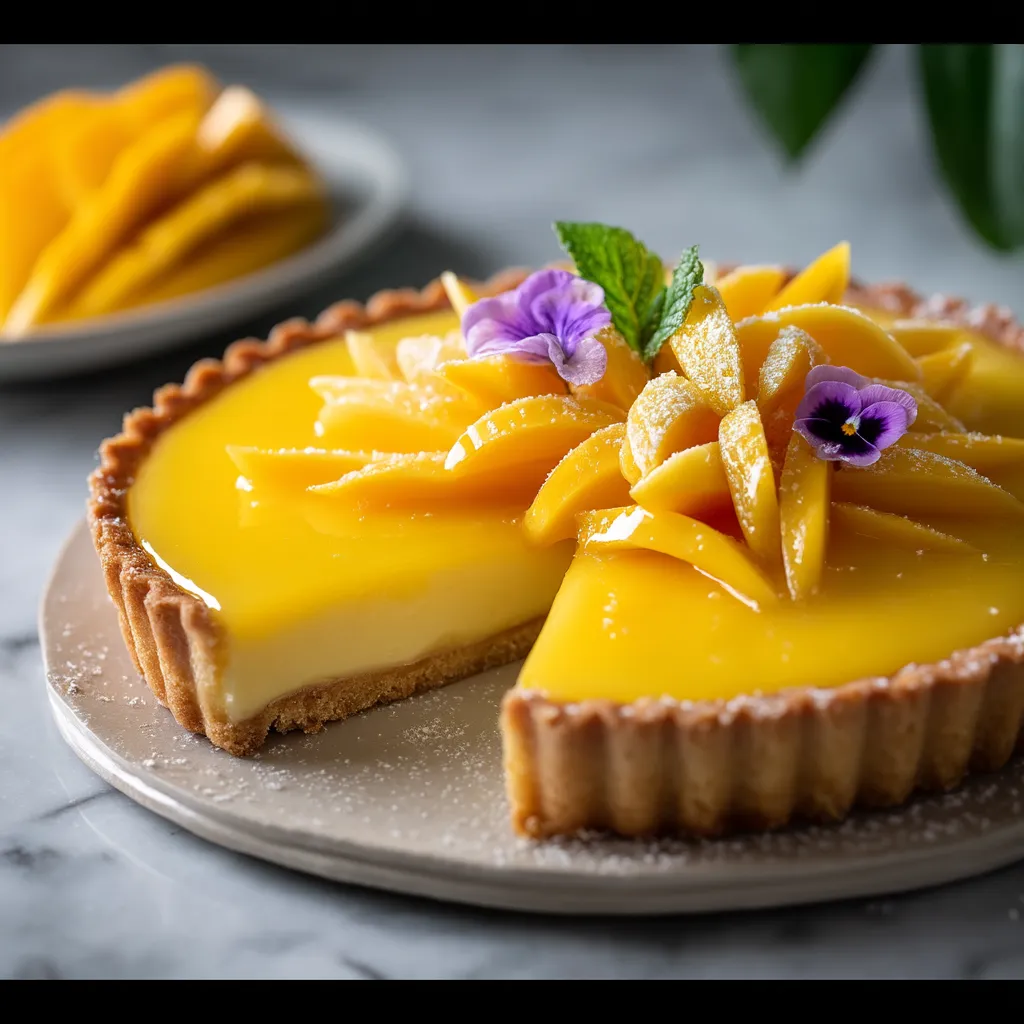 A golden slice of mango tart with coconut crust.
