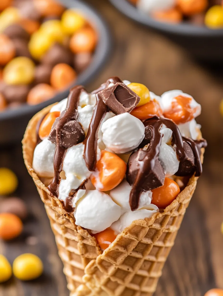 A tasty ice cream cone filled with chocolate and marshmallow toppings from Reese's.