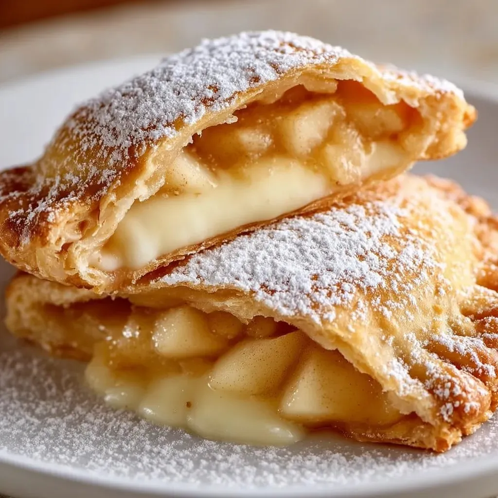 Two golden apple hand pies stuffed with cheesecake.