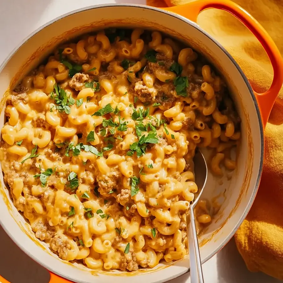 A comforting bowl of macaroni packed with beef, cheese, and flavor.