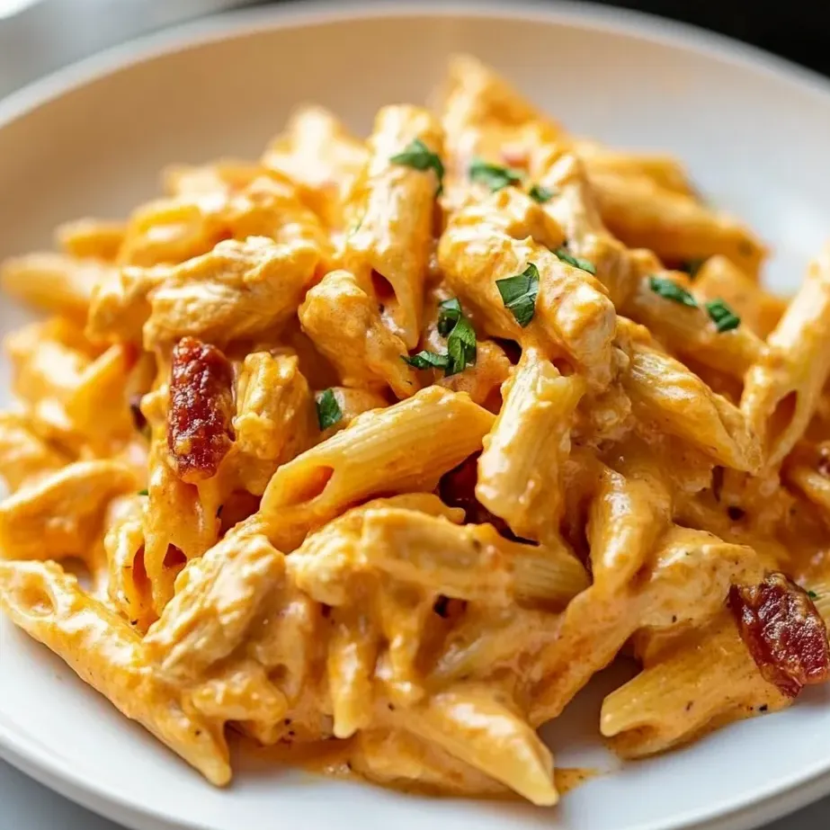 A delicious plate with pasta, chicken, and a creamy sauce.