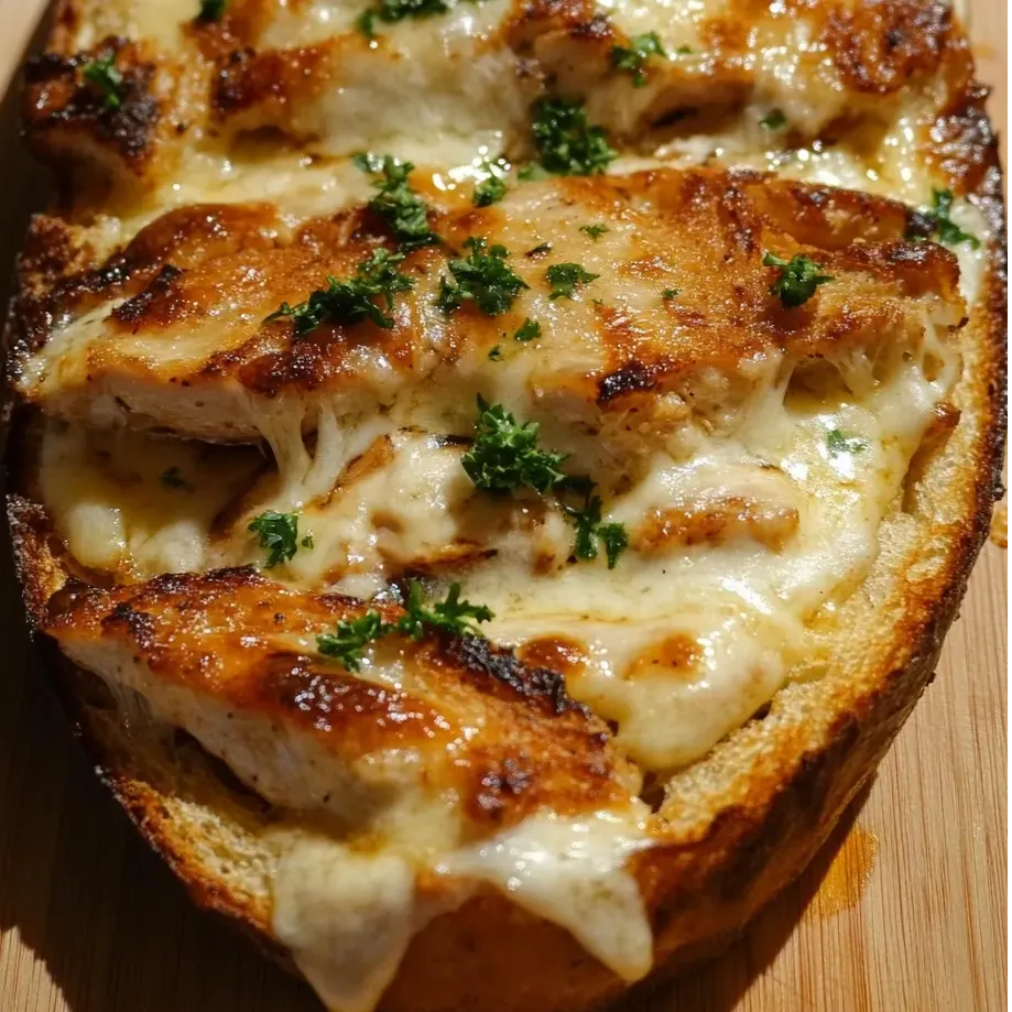 Crunchy garlic bread topped with creamy chicken Alfredo and cheese.