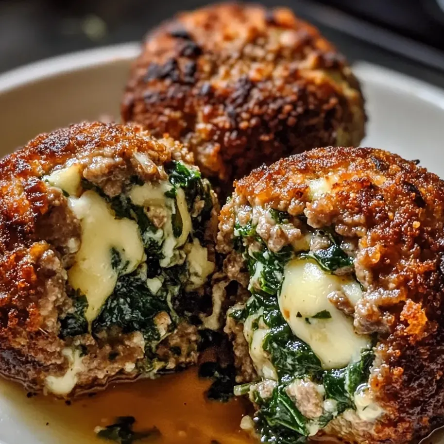 Mozzarella and spinach meatballs on a plate.