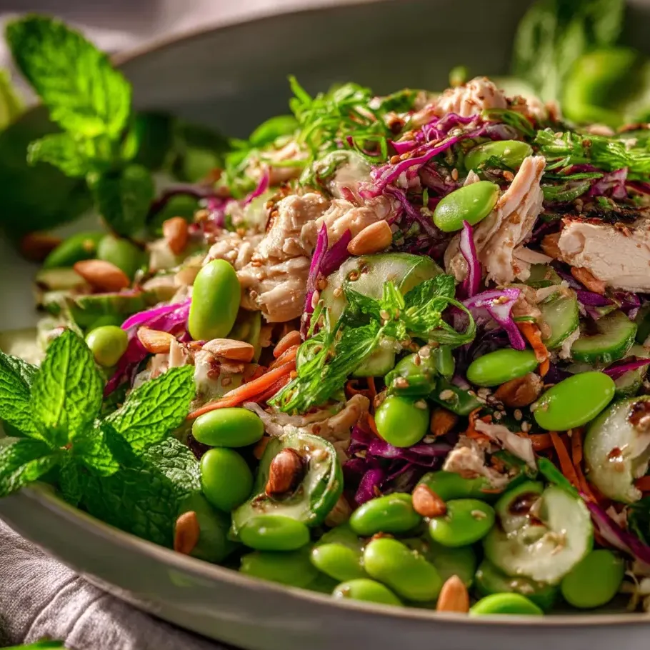 Crunchy chicken salad with edamame and creamy dressing.