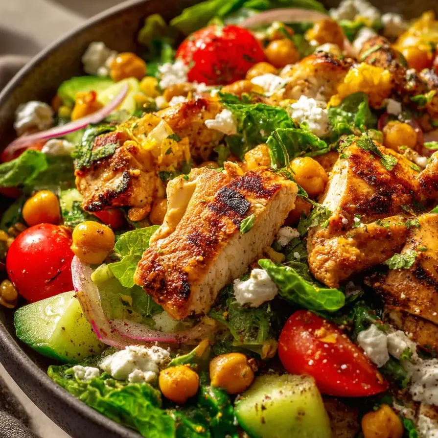 Close-up of a chicken and chickpea salad.
