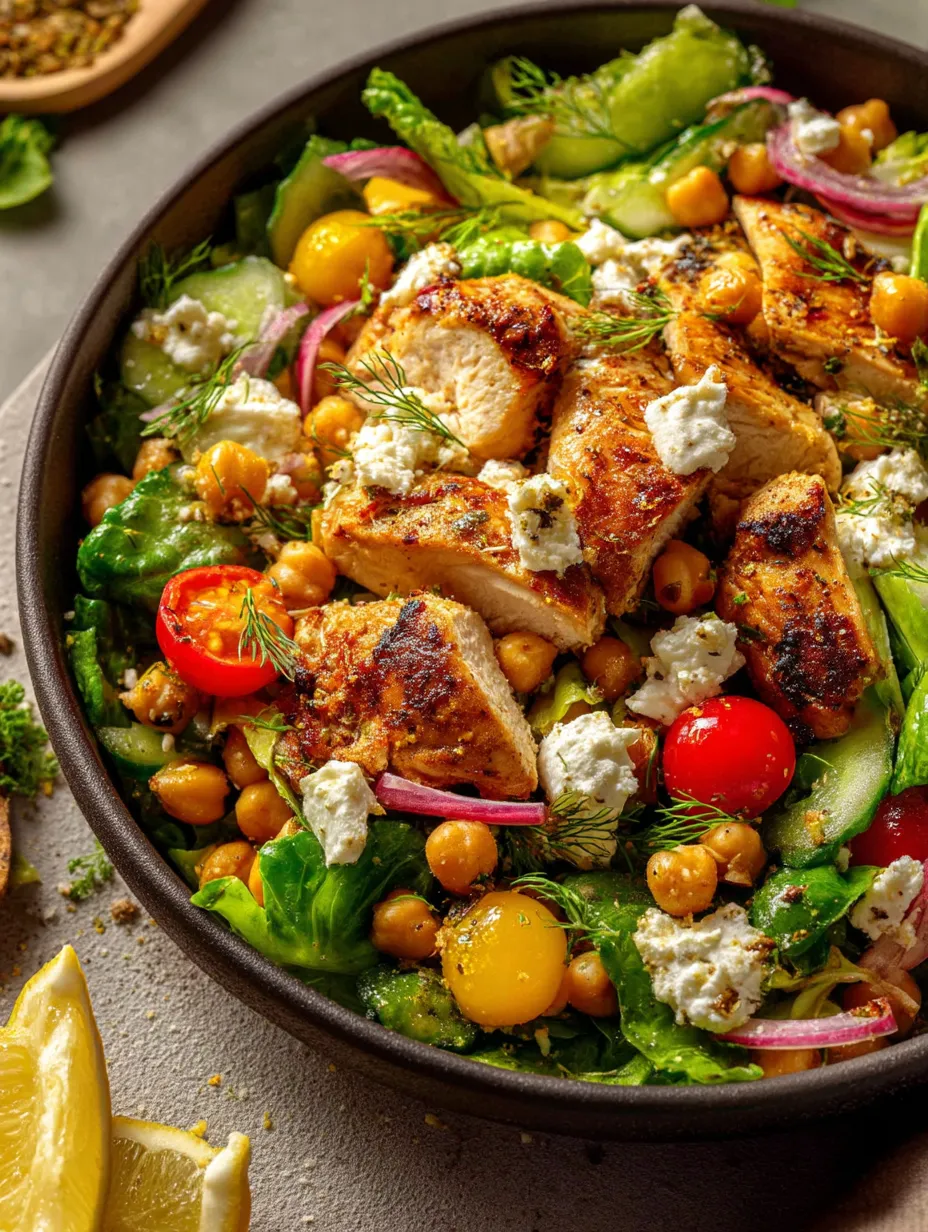 A bowl of chicken and chickpea salad.