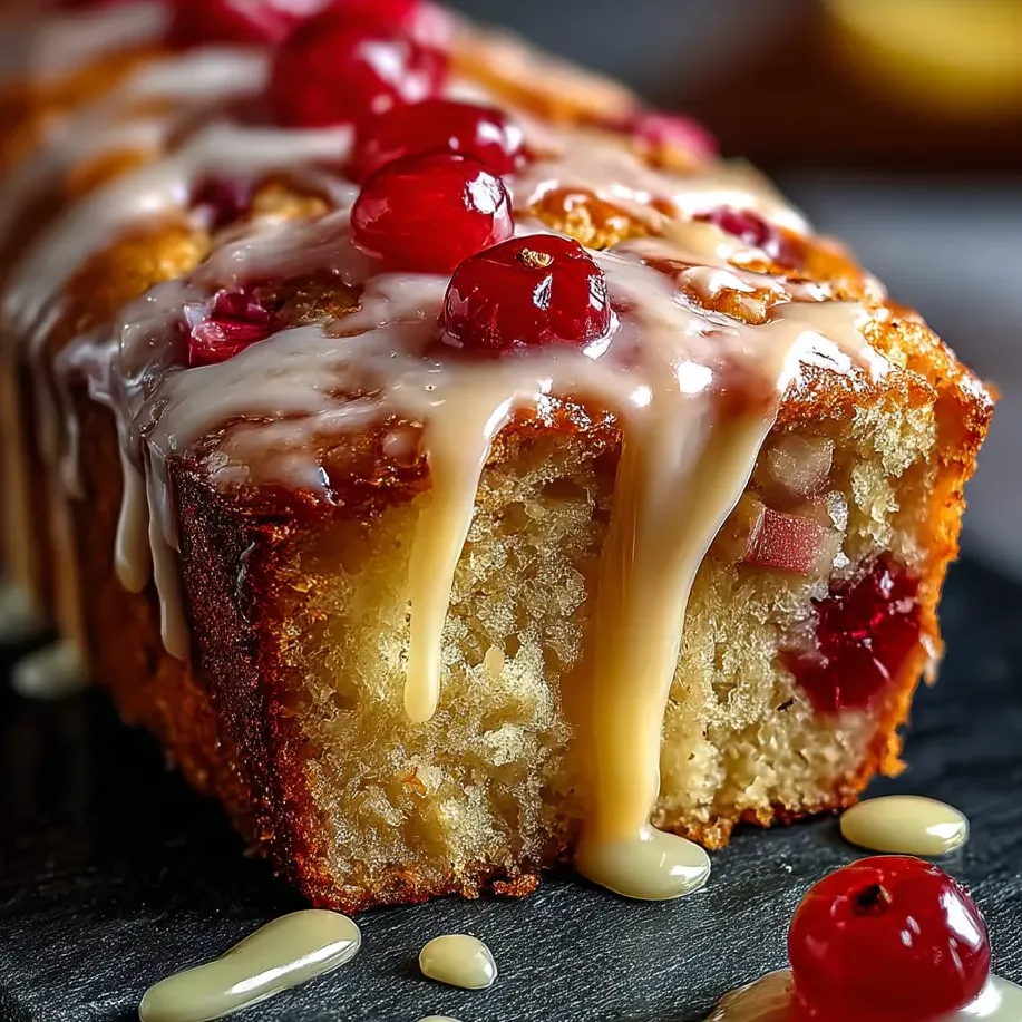A bright slice of lemon rhubarb loaf with a shiny glaze.