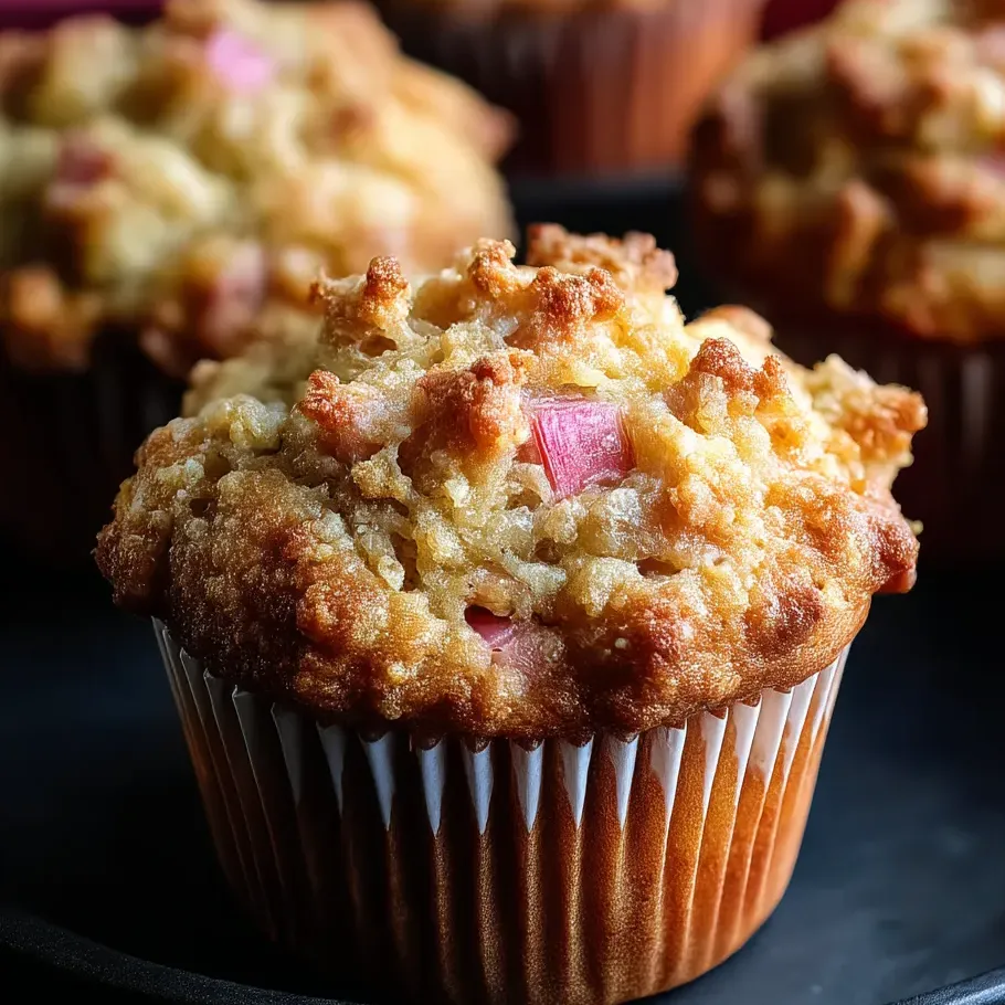 Close-up of a muffin topped with a slice of rhubarb.