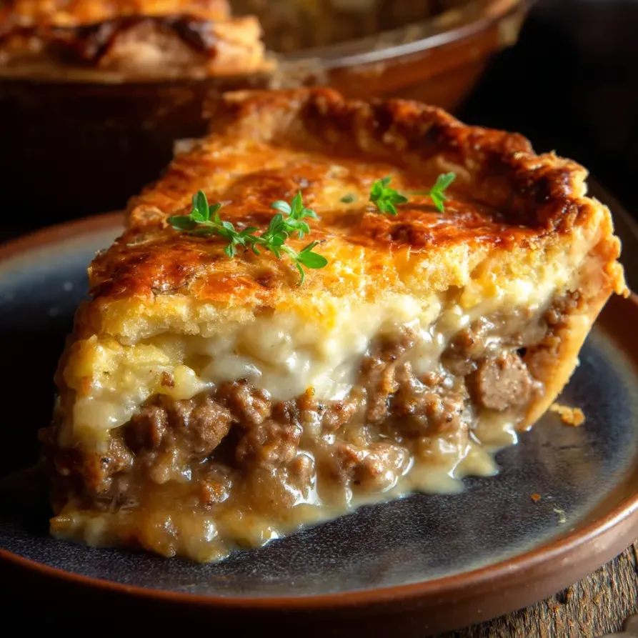 A cheesy slice of sausage pie on a plate.
