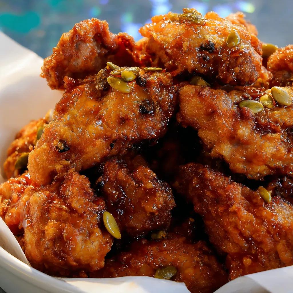 A serving plate filled with crispy Honey Butter Fried Chicken.