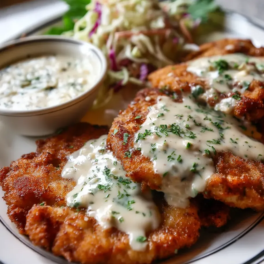 Plate with crispy steak and creamy gravy.