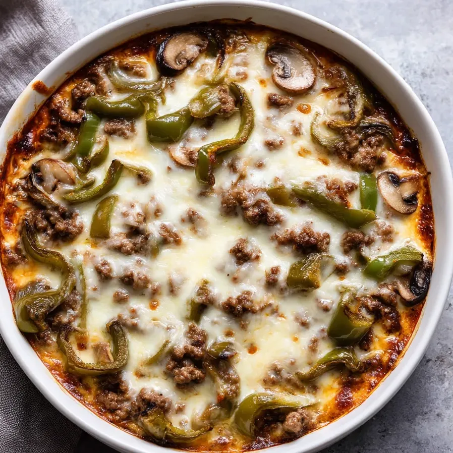 A hearty bowl with melted cheese, meat, and peppers.