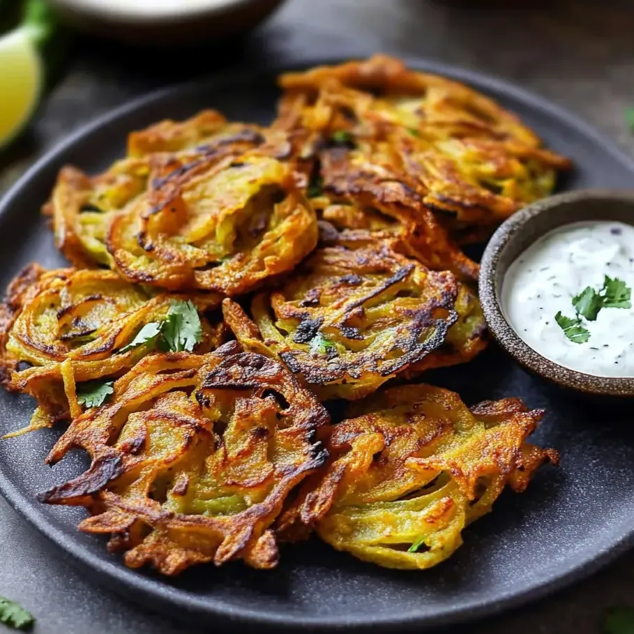 Crispy Indian onion bhajis on a plate.