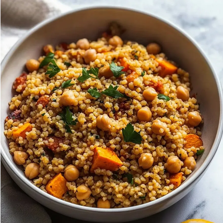 Colorful bowl of couscous, sweet potato, and chickpeas.