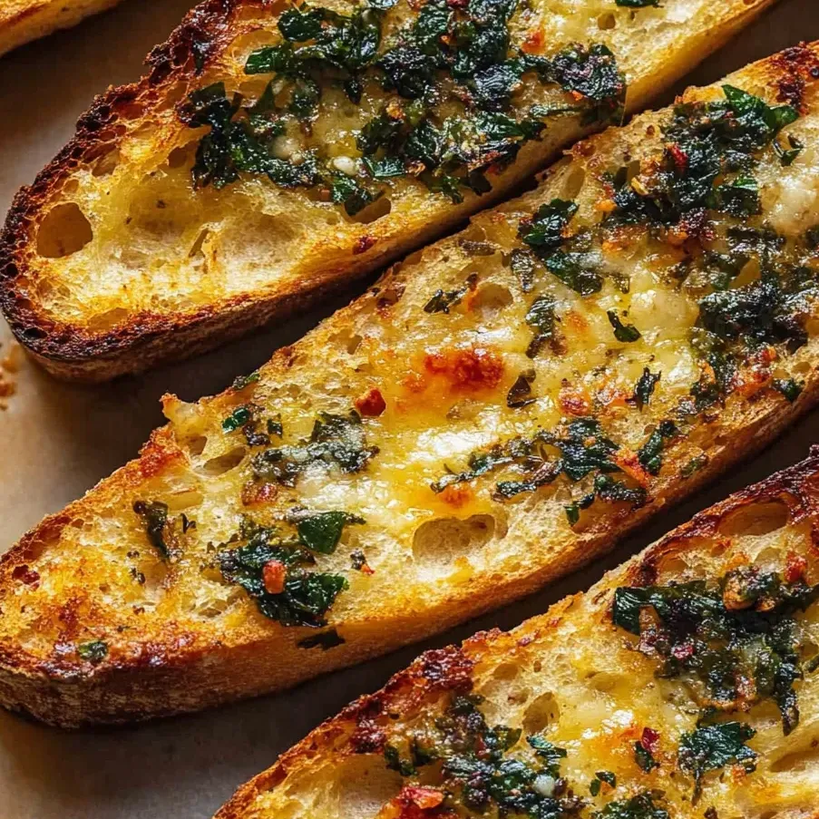 A crispy slice of spicy garlic bread with Calabrian chili.