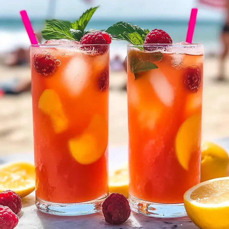 Two glasses of Peach Raspberry Drink on a table.