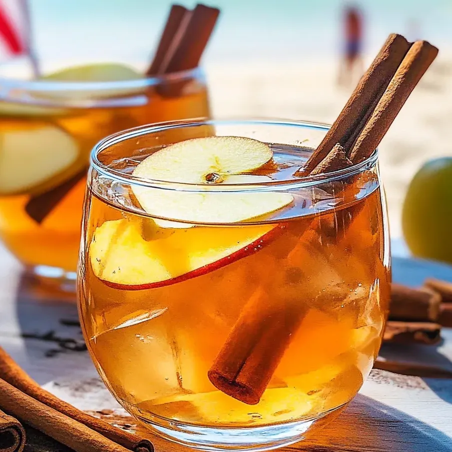 Glass cup of apple cinnamon tea with a cinnamon stick.