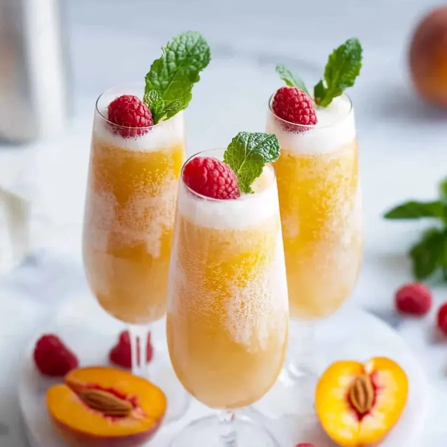 Bubbly peach mocktail served in three glasses.