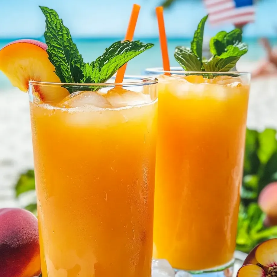Two chilled glasses of peach lemonade with mint leaves.