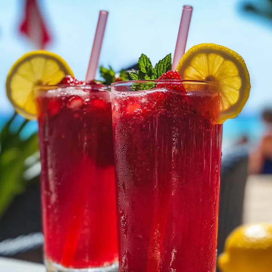 Two glasses of a sweet pink drink topped with slices of lemon.